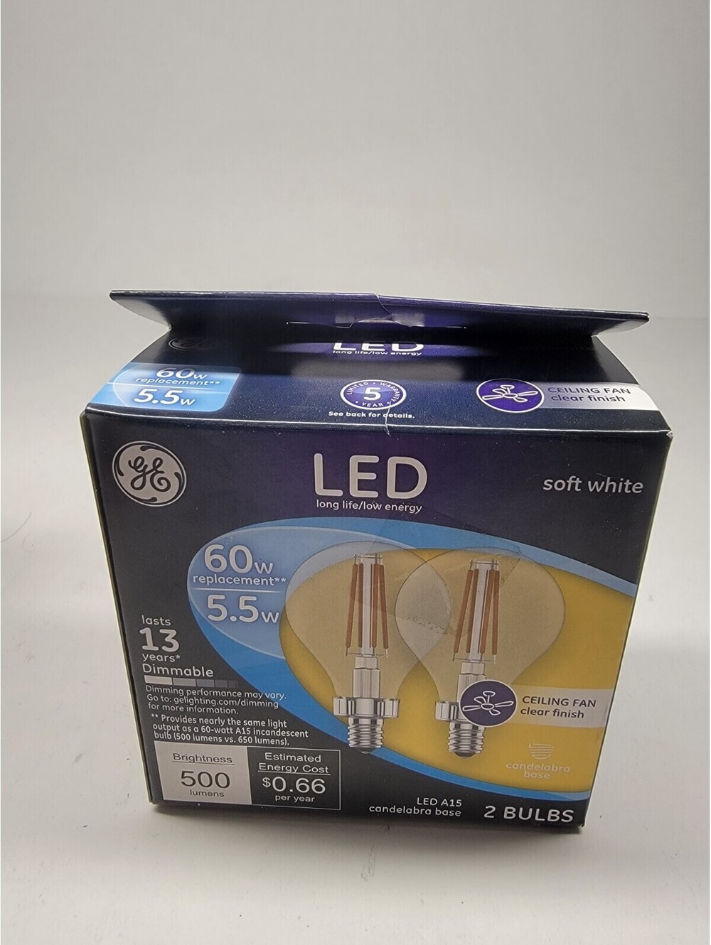 GE Lighting LED A15 Clear 5.5 Watt Replaces 60watt 2pk soft white ceiling fan